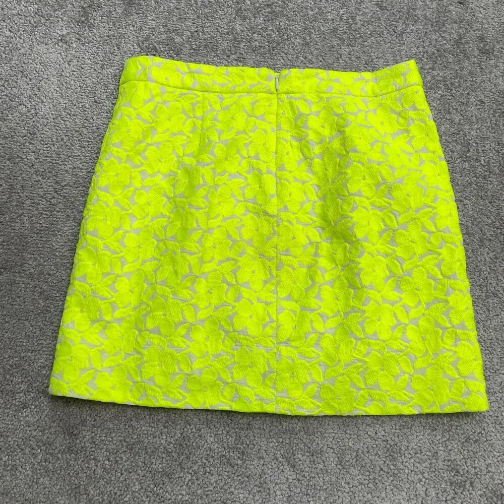 J.Crew Embroidered Short Mini Pencil Skirt Womens 0 Neon Yellow Floral Casual